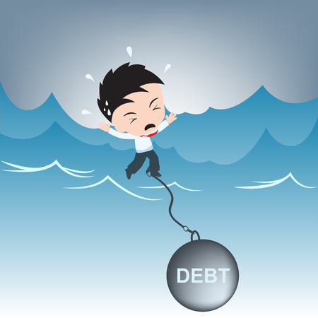 businessman need help with debt burden on water, financial concept illustration vector in flat designのイラスト素材