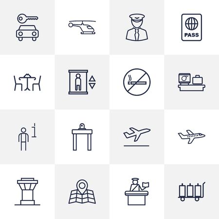 Set Of 16 Land Outline Icons Set.Collection Of Control Tower, Map, Airport Security And Other Elements.のイラスト素材