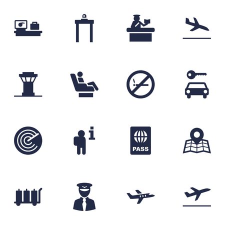Set Of 16 Airplane Icons Set.Collection Of Data, Hire, Radiolocator And Other Elements.のイラスト素材