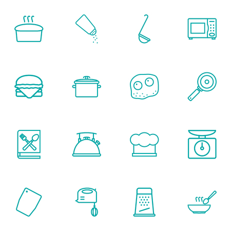 Set Of 16 Cooking Outline Icons Set.Collection Of Skillet, Soup, Microwave And Other Elements.のイラスト素材