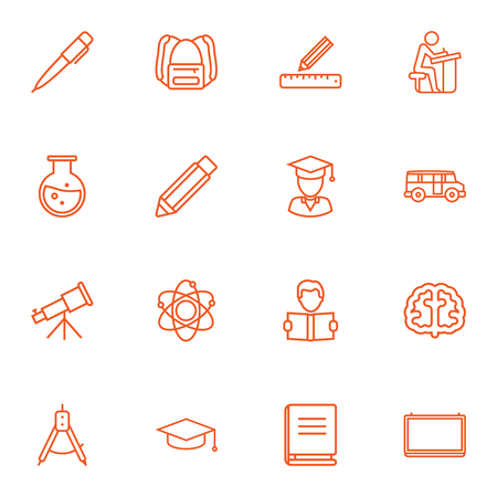 Set Of 16 Studies Outline Icons Set.Collection Of Brain, Atom, School Board And Other Elements.のイラスト素材