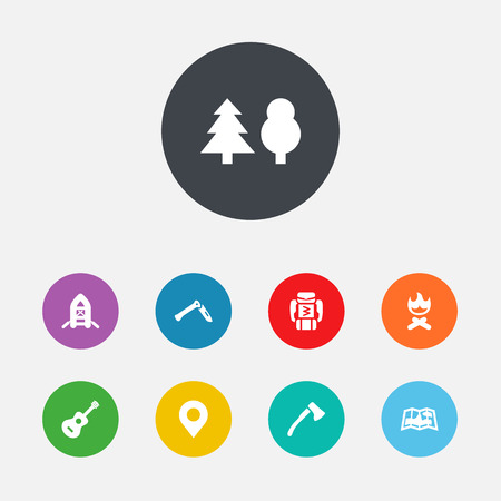 Set Of 9 Adventure Icons Set.Collection Of Tree, Wood Axe, Jackknife And Other Elements.のイラスト素材