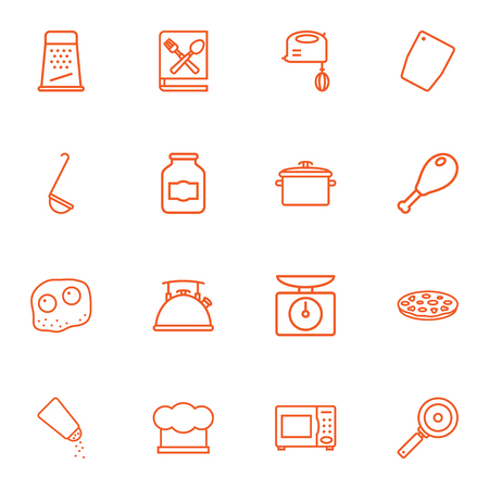 Set Of 16 Kitchen Outline Icons Set.Collection Of Omelette, Ladle, Scales And Other Elements.のイラスト素材