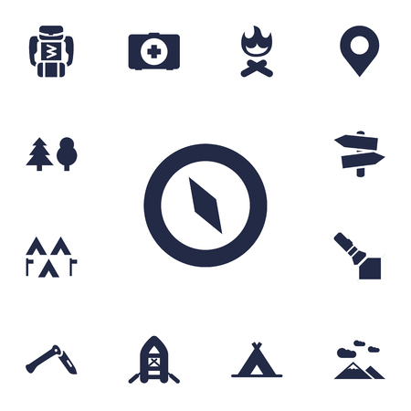 Set Of 13 Outdoor Icons Set.Collection Of Magnet Navigatior, Camp, Flashlight And Other Elements.のイラスト素材