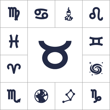 Set Of 13 Galaxy Icons Set.Collection Of Lion, Ram, Earth Planet And Other Elements.のイラスト素材