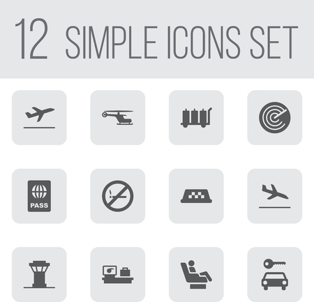 Set Of 12 Airplane Icons Set.Collection Of Chopper, Letdown, Passport And Other Elements.のイラスト素材