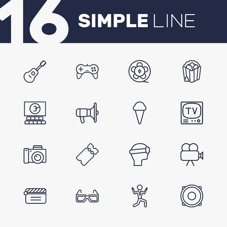 Set Of 16 Pleasure Outline Icons Set.Collection Of Film Role, Popcorn, 3D Glasses And Other Elements.のイラスト素材