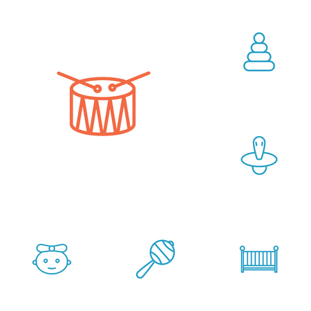 Set Of 6 Baby Outline Icons Set.Collection Of Nipple, Rattles, Baby And Other Elements.のイラスト素材