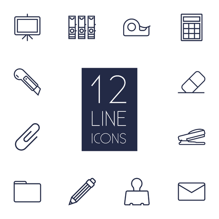 Collection Of Calculator, Eraser, Drawing And Other Elements.  Set Of 12 Tools Outline Icons Set.のイラスト素材