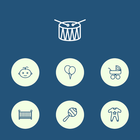 Collection Of Boy, Carriage, Drum And Other Elements.  Set Of 7 Baby Outline Icons Set.のイラスト素材