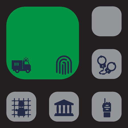Set Of 6 Criminal Icons Set.Collection Of Thumbprint, Walkie-Talkie, Building And Other Elements.のイラスト素材