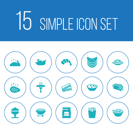 Set of 15 eat icons set. Collection of fried duck, bacon, tacos and other elements.のイラスト素材