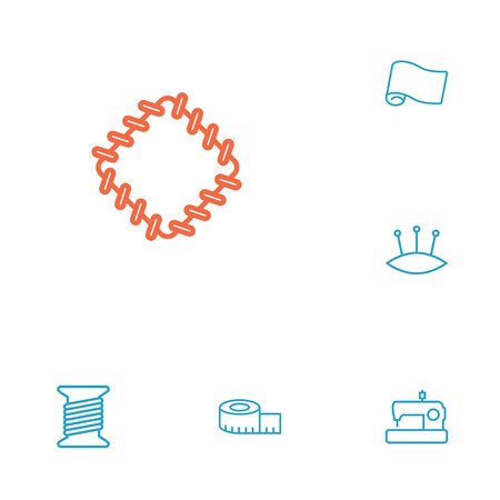 Set of 6 stitch icons line style set. Collection of spool, pins, meter and other elements.の写真素材