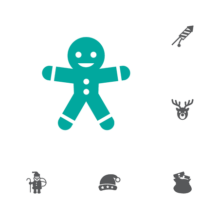 Set of 6 christmas icons set. Collection of petard, santas hat, elk and other elements.の写真素材