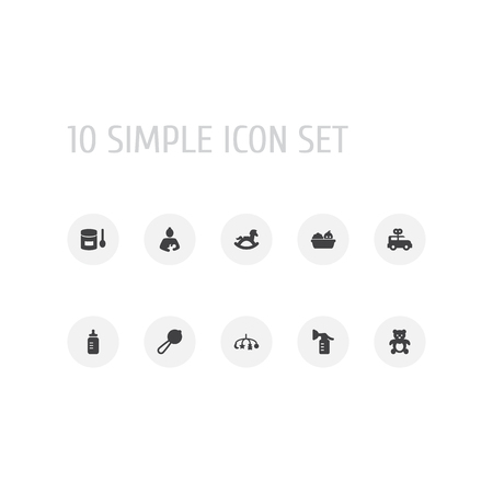 Set of 10 baby icons set. Collection of mother, clockwork car, rocking horse and other elements.のイラスト素材