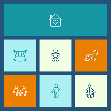 Set of 7 family icons line style set. Collection of house, grandma, cot elements.のイラスト素材