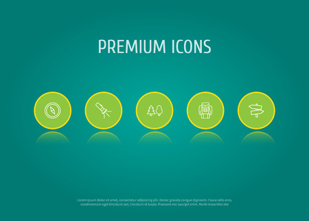 Set of 5 outdoor icons line style set. Collection of magnet navigator, flashlight, backpack and other elements.のイラスト素材