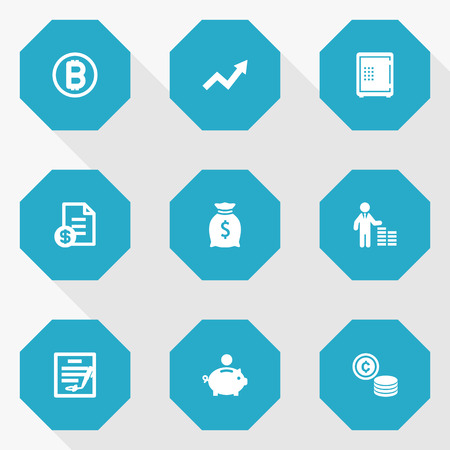 Set of 9 finance icons set. Collection of management, safe, bitcoin and other elements.のイラスト素材