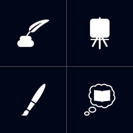 Set of 4 creative icons set. Collection of knowledge, inkwell with pen, easel and other elements.のイラスト素材