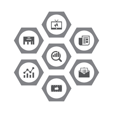 Set of 7 advertising icons set. Collection of email promotion, tv, campaign and other elements.のイラスト素材