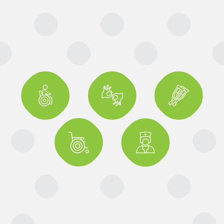 Set of 5 disabled icons line style set. Collection of disabled, nurse, crutches and other elements.のイラスト素材