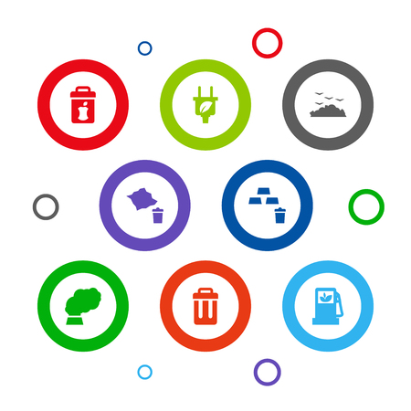 Set of 8 bio icons set. Collection of trash bin, eco gas station, metal and other elements.のイラスト素材