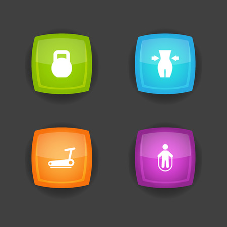 Set of 4 fitness icons set. Collection of kettlebells, running track, weight loss and other elements.のイラスト素材