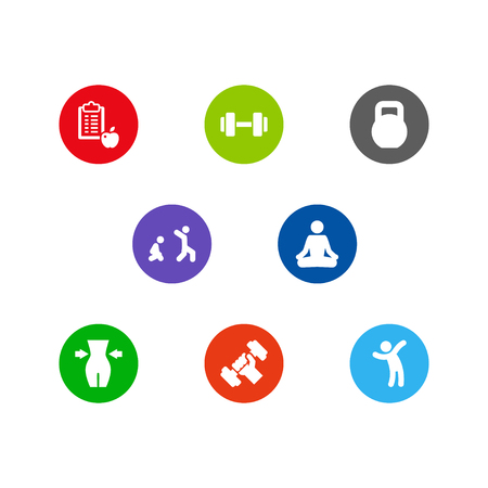 Set of 8 training icons set. Collection of dumbbell, weight loss, aerobic and other elements.のイラスト素材