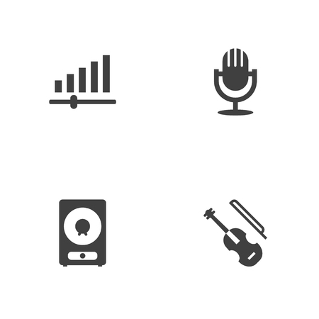 Set of 4 music icons set. Collection of microphone, violin, volume control and other elements.のイラスト素材