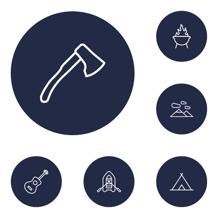 Set of 6 adventure icons line style set. Collection of wood axe, tent, barbecue and other elements.のイラスト素材