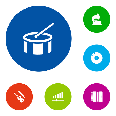 Set of 6 music icons set. Collection of gramophone, drum, vinyl and other elements.のイラスト素材