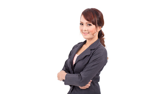 folded hands . business portrait of smiling asia woman. white background isolated.の写真素材