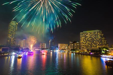 Firework with smoke at Chao Phraya River in countdown celebration party 2016 Bangkok Thailandの写真素材