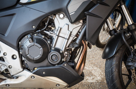 Motorcycle engine,detail of modern motorcycle black and silver engine.