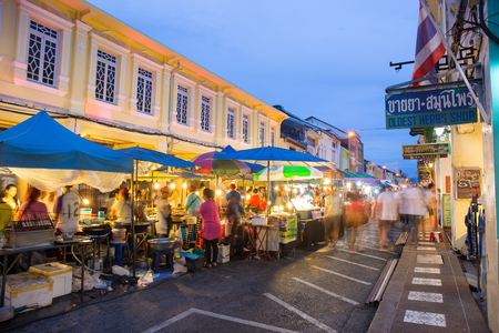 PHUKET, THAILAND MAY 29, 2016: Tourists shop at night market of Phuket on May 29, 2016.among old building Chino Portuguese style, street of Phuket town is the famous Phuket and is a major tourist hub.のeditorial素材