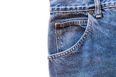 Blue jeans fabric with front pocket on white isolated background. copy space for textの写真素材