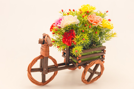 flower on wooden car decoration film style on white backgroundの写真素材