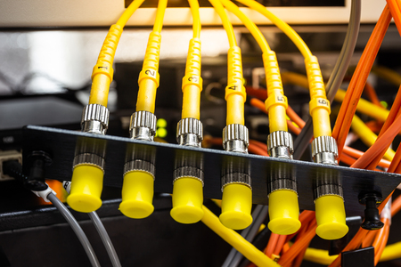 Fiber optical connectors are pluged or jack for communication connect in single-mode or multi-mode system. Select focusの写真素材