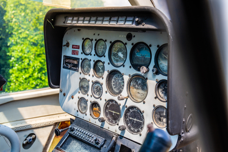 Closeup of retro aviation, aircraft control panel dashboard.の写真素材