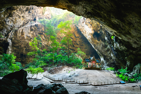 Amazing Phraya Nakhon cave in Khao Sam Roi Yot national park at Prachuap Khiri Khan Thailand is small temple in the sun rays in cave.の写真素材