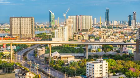 Bangkok City skyline with urban skyscrapers with cloud sky background, Thailand