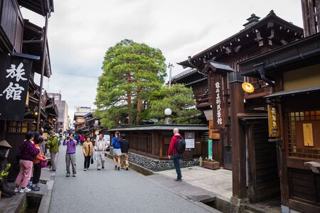 Takayama, Japan - May 9, 2015: Tourists visit the old town in Takayama. Is a famous and popular place and is a conservation place since the Edo periodのeditorial素材