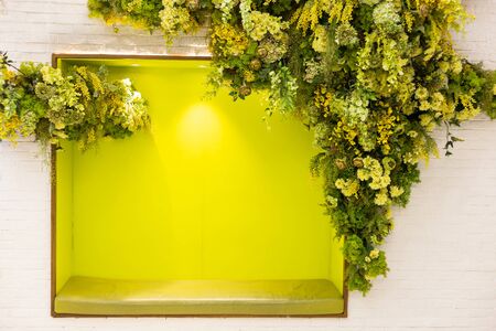 The green frame has a light yellow flower arch on the white wall. Use for background or backdrop