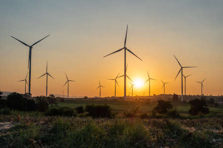 Beautiful wind turbine on the field in sunset time background