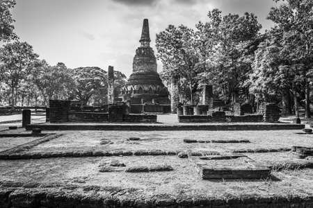 Landmark of old chedi made of ancient bricks in the Kamphaeng Phet Historical Park, Thailand. Black and whiteの写真素材