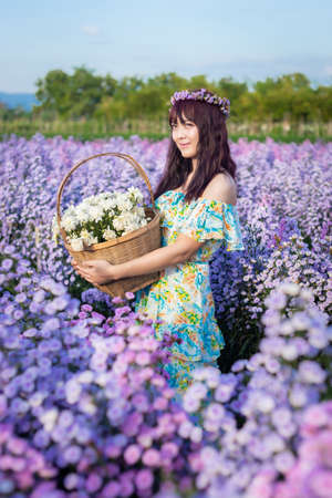 Asian happy woman is stand and carry basket in flower dress sit in Margaret Aster flowers field. Winter travel relax vacation concept at Chiang Mai, Thailandの写真素材