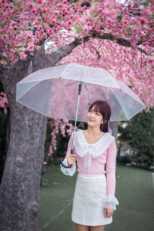 Happy young girl in a pink shirt is enjoy and relax with holding an umbrella on a background with sakura cherry blossoms tree on vacation while spring in asian. Travel conceptの写真素材