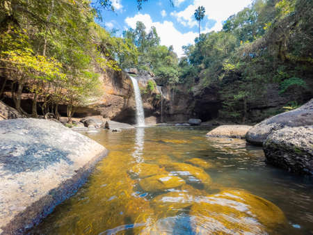 Amazing Haew Suwat Waterfall in the deep forest at Khao Yai National Park, Pak Chong, Thailand.の写真素材