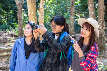 Group of female tourists in the forest looked at their destination and were using cameras to capture memories. Travel conceptの写真素材