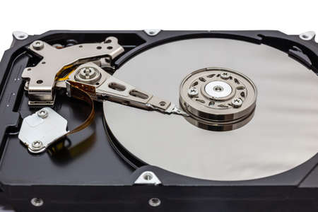 Close up of hard disk hard disk magnetic tape inside, open cover hard disk in computer or server on...